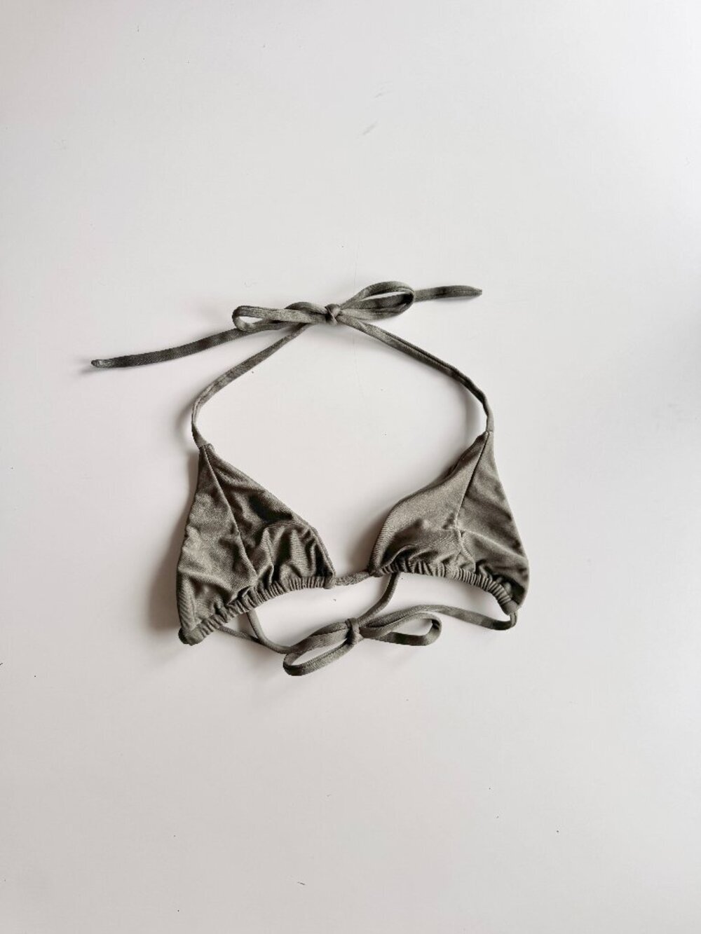 MAR AZUL Olive Green Shiny Triangle Halter Tie Bikini Top, Size M